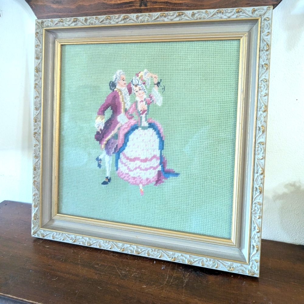Vintage Framed Needlepoint Art Victorian Couple Romantic Colonial Pre-worked